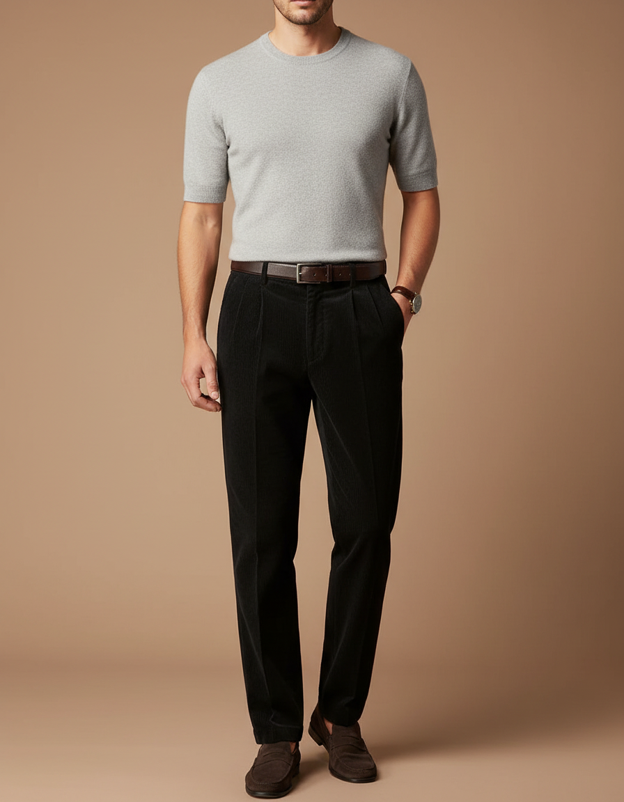 Pantalon À Pince Noir Côtelé Ample Plissé Coton - Cordé