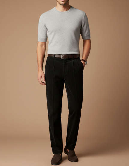 Pantalon À Pince Noir Côtelé Ample Plissé Coton - Cordé