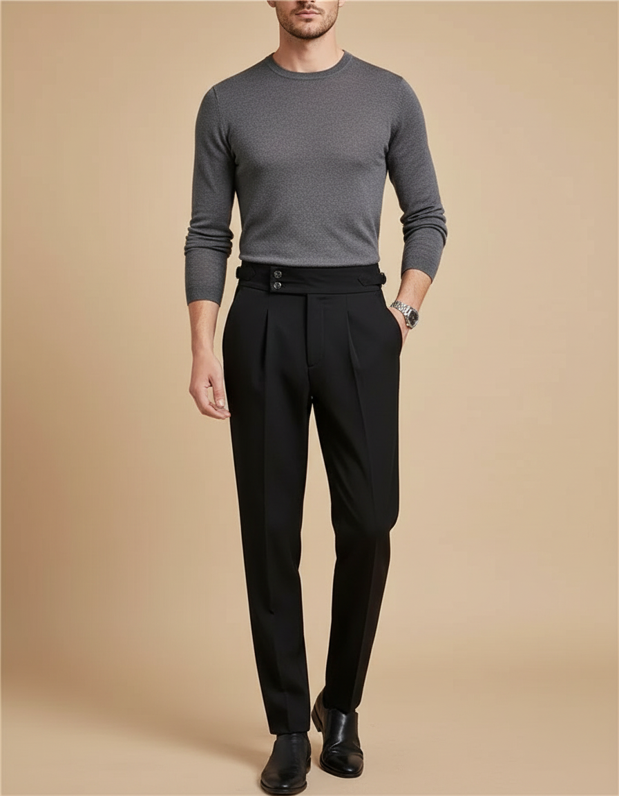 Pantalon À Pince Noir Plissé Élégant Homme Drapé - Gabardine