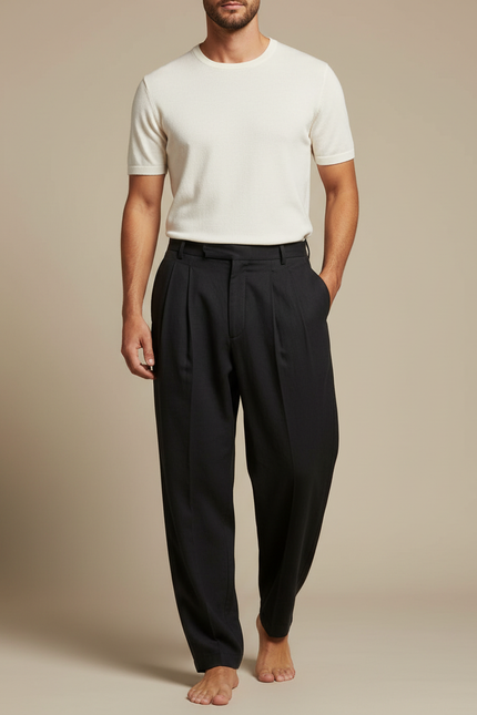 Pantalon À Pince Noir Ample Plissé Homme Chic - Gabardine