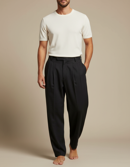 Pantalon À Pince Noir Ample Plissé Homme Chic - Gabardine