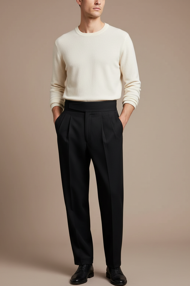 Pantalon À Pince Noir Droit Homme Élégant Taille Haute - Gabardine