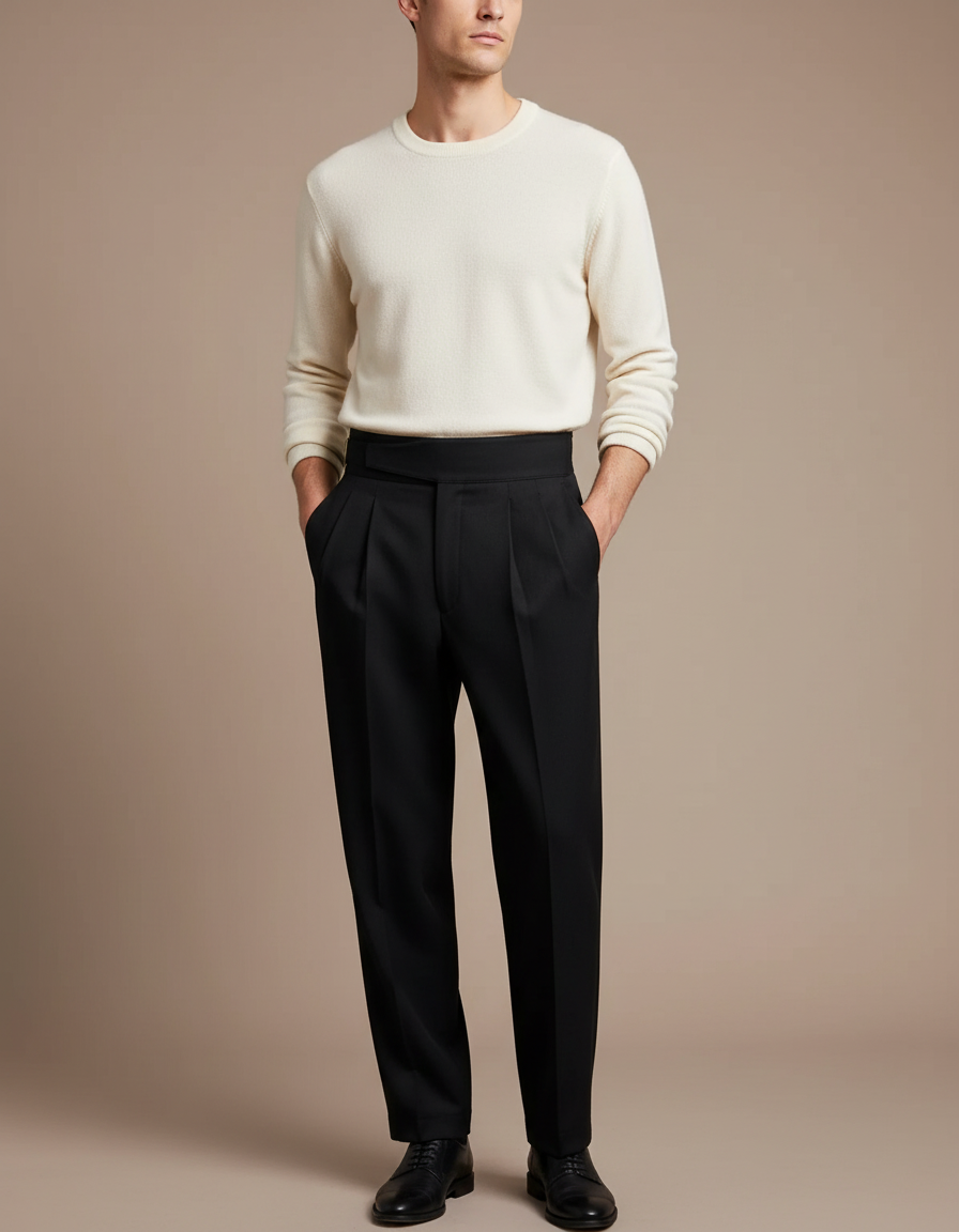 Pantalon À Pince Noir Droit Homme Élégant Taille Haute - Gabardine