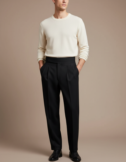 Pantalon À Pince Noir Droit Homme Élégant Taille Haute - Gabardine