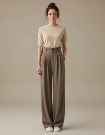Pantalon À Pince Marron Taille Haute Ample Fluide Élégant - Polyester