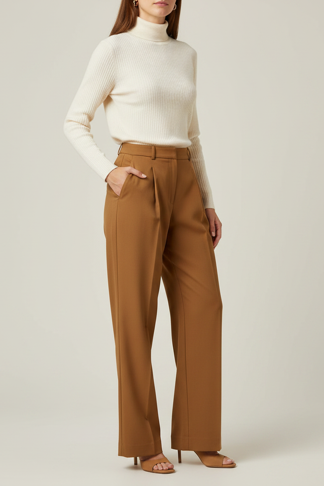 Pantalon À Pince Marron Droit Fluide Élégant Femme - Polyester