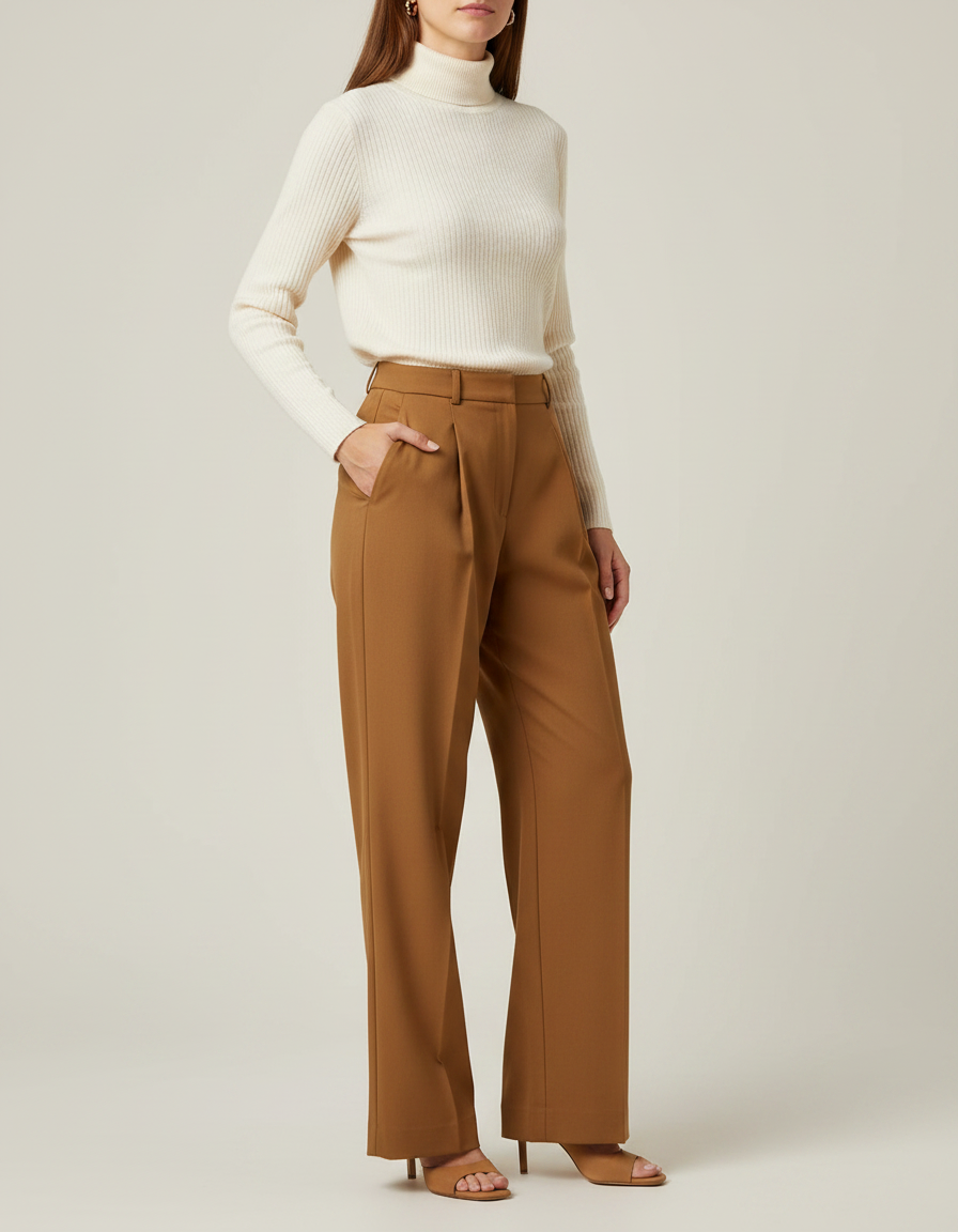 Pantalon À Pince Marron Droit Fluide Élégant Femme - Polyester