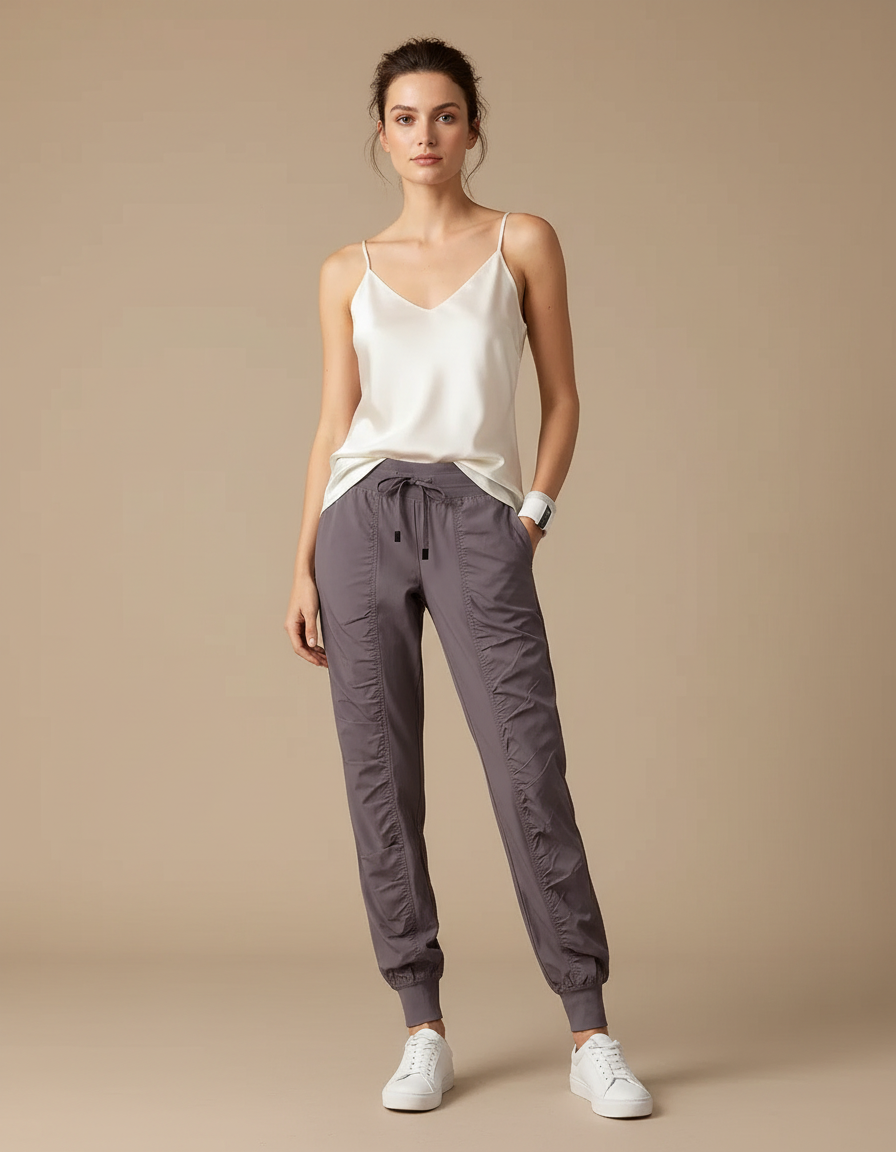 Pantalon À Pince Gris Cordon Fluide Sport Femme - Polyester