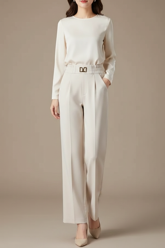 Pantalon À Pince Crème Fluide Chic Taille Haute - Beige Viscose