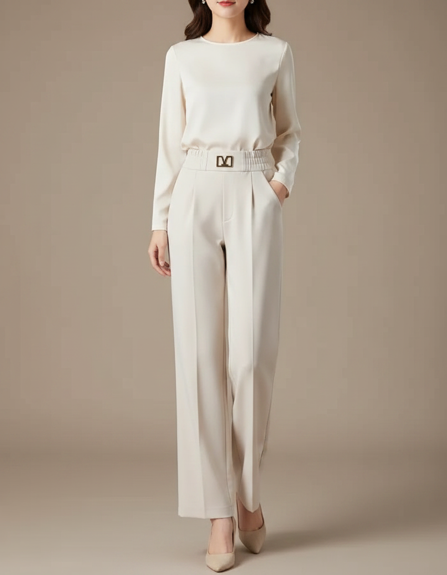 Pantalon À Pince Crème Fluide Chic Taille Haute - Beige Viscose