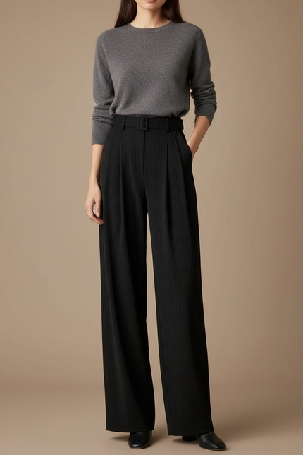 Pantalon À Pince Noir Plissé Ample Ceinturé Élégant - Polyester
