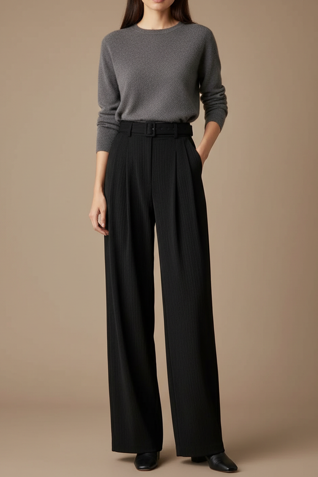 Pantalon À Pince Noir Plissé Ample Ceinturé Élégant - Polyester