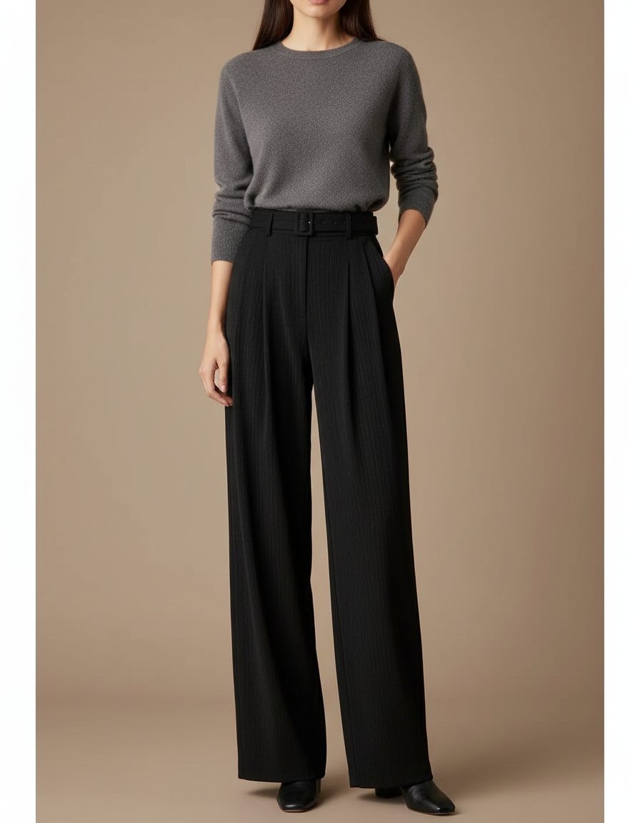 Pantalon À Pince Noir Plissé Ample Ceinturé Élégant - Polyester
