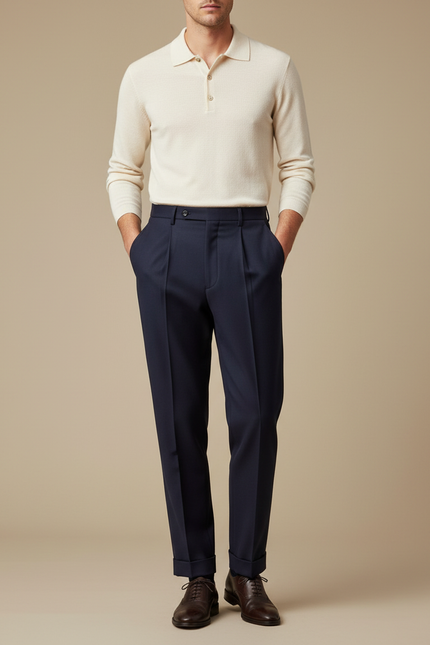 Pantalon À Pince Bleu Marine Droit Plissé Homme - Gabardine