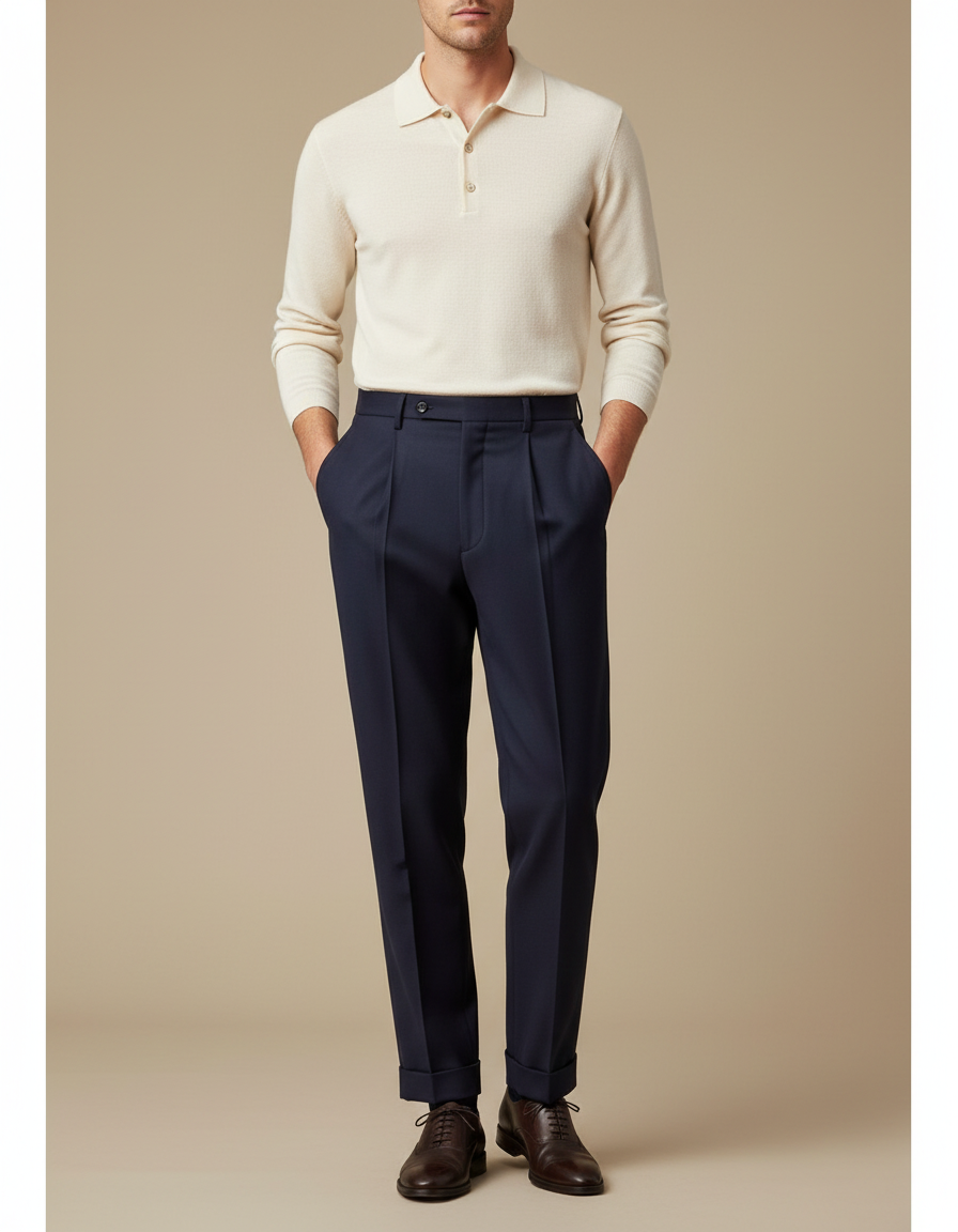 Pantalon À Pince Bleu Marine Droit Plissé Homme - Gabardine