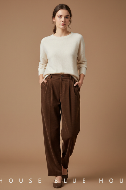 Pantalon À Pince Marron Côtelé Ample Décontracté Vintage - Cordé
