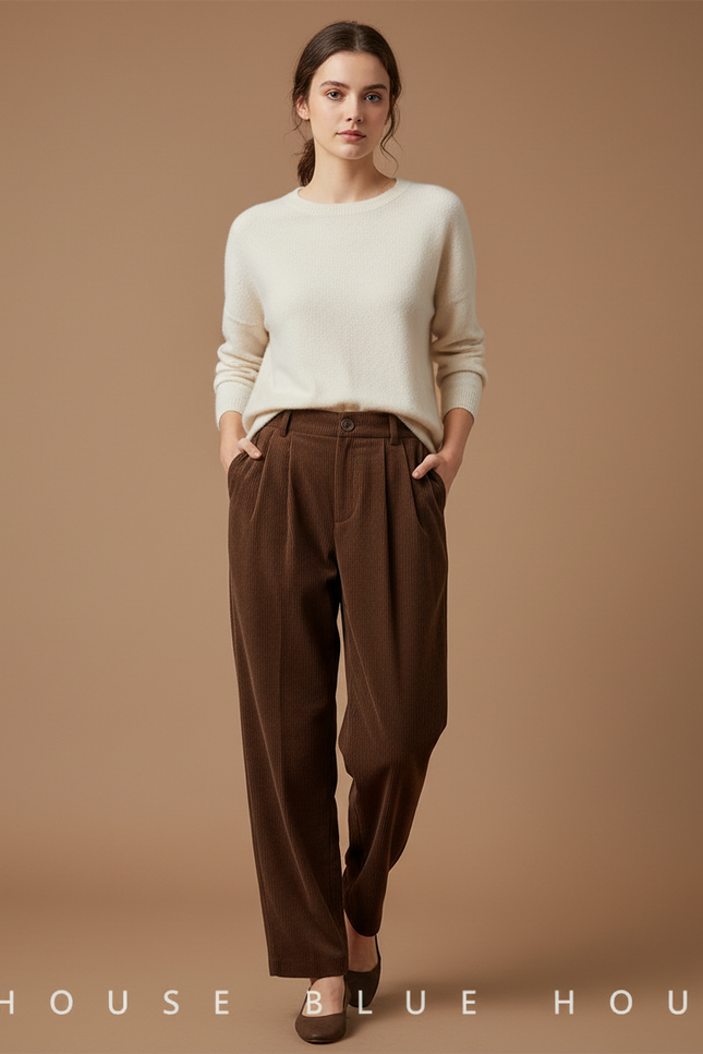 Pantalon À Pince Marron Côtelé Ample Décontracté Vintage - Cordé