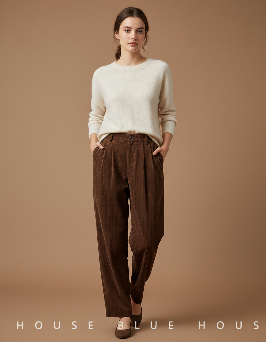 Pantalon À Pince Marron Côtelé Ample Décontracté Vintage - Cordé