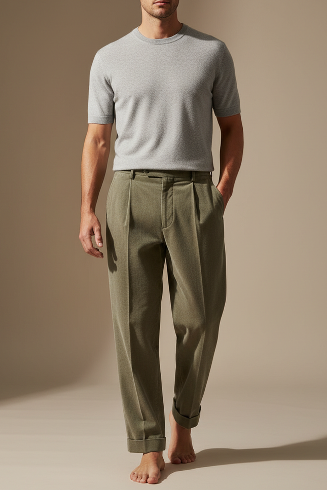 Pantalon À Pince Vert Militaire Plissé Décontracté Homme - Kaki Laine