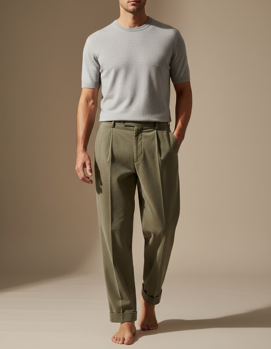 Pantalon À Pince Vert Militaire Plissé Décontracté Homme - Kaki Laine