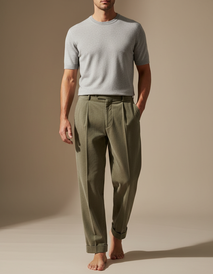 Pantalon À Pince Vert Militaire Plissé Décontracté Homme - Kaki Laine