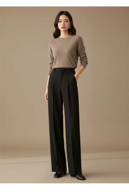Pantalon À Pince Noir Taille Haute Ample Élégant - Gabardine