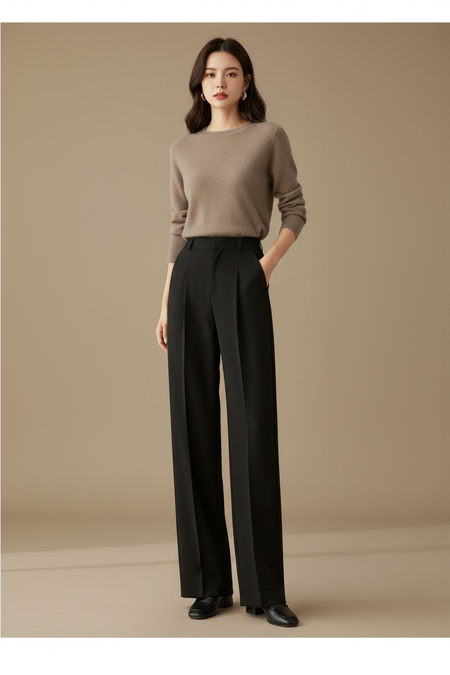 Pantalon À Pince Noir Taille Haute Ample Élégant - Gabardine