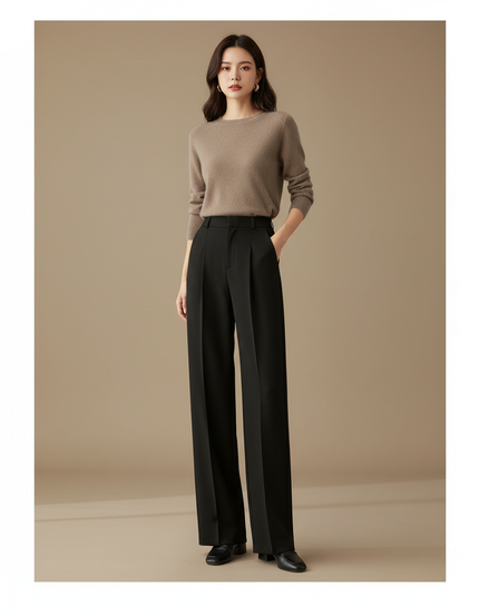 Pantalon À Pince Noir Taille Haute Ample Élégant - Gabardine