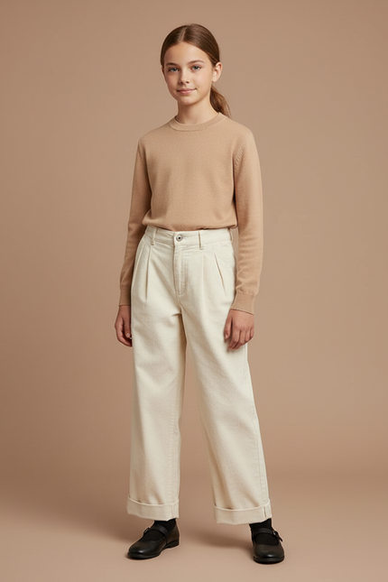 Pantalon À Pince Crème Ample Décontracté Coton Plissé - Blanc