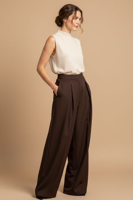 Pantalon Droit À Pince Femme - Marron Gabardine