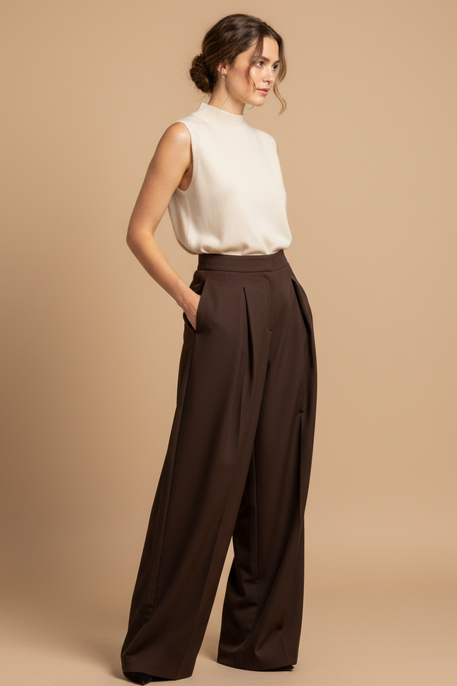 Pantalon Droit À Pince Femme - Marron Gabardine