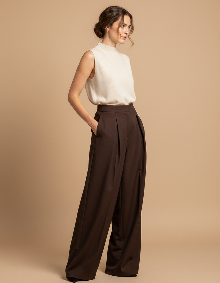 Pantalon Droit À Pince Femme - Marron Gabardine