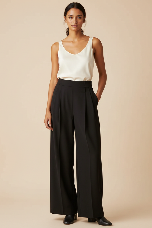 Pantalon À Pince Noir Fluide Élégant Taille Haute - Polyester