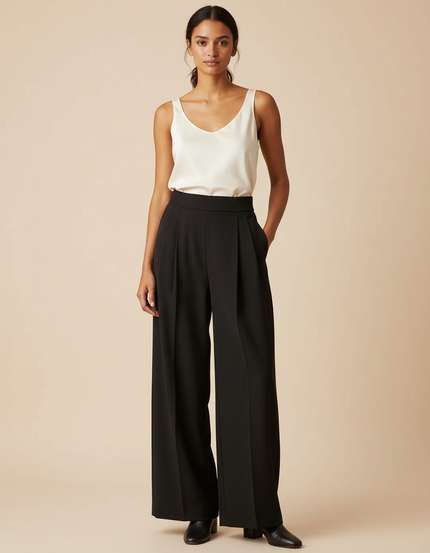 Pantalon À Pince Noir Fluide Élégant Taille Haute - Polyester