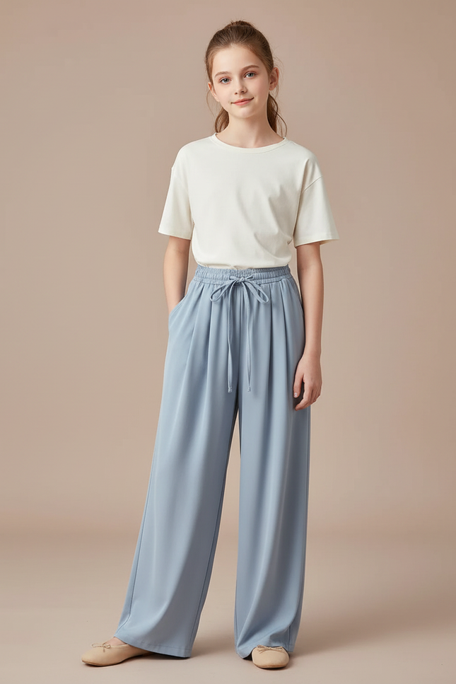Pantalon À Pince Bleu Ciel Ample Fluide Cordon - Polyester