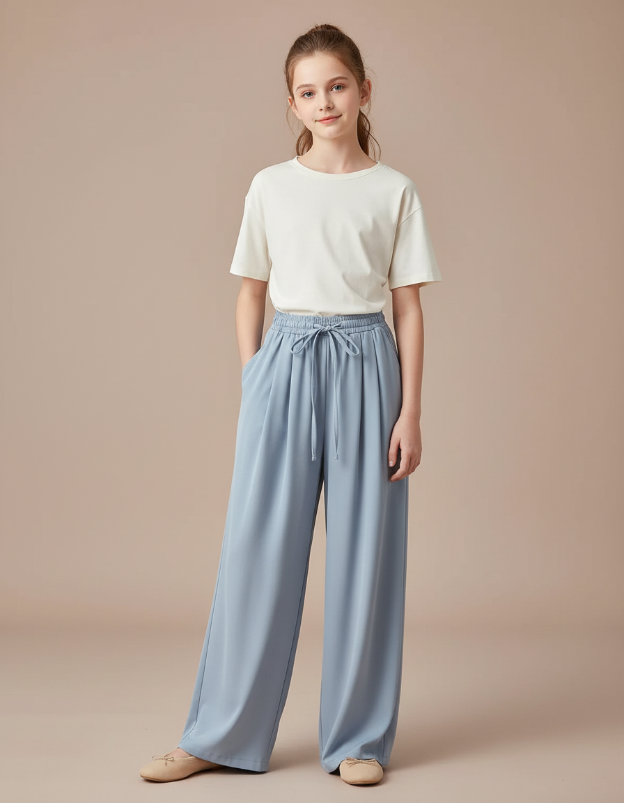 Pantalon À Pince Bleu Ciel Ample Fluide Cordon - Polyester