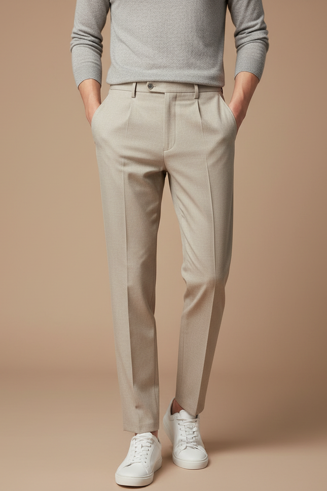 Pantalon À Pince Beige Slim Plissé Homme Élégant - Gabardine
