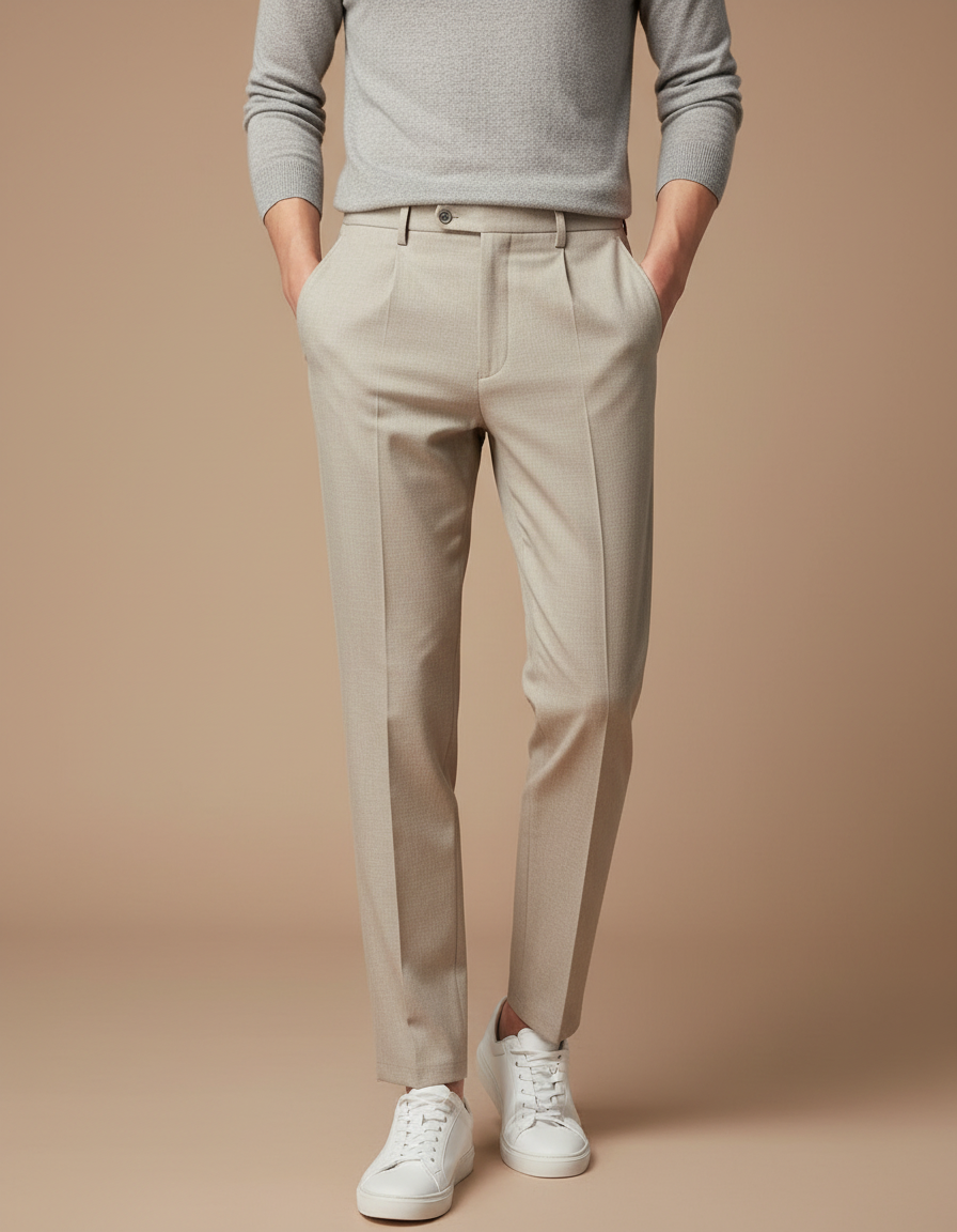 Pantalon À Pince Beige Slim Plissé Homme Élégant - Gabardine