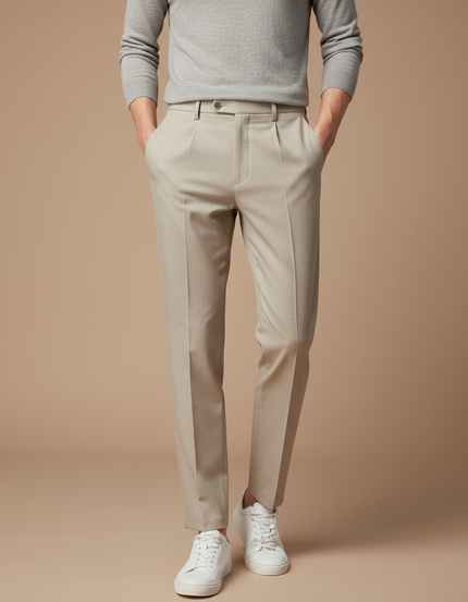 Pantalon À Pince Beige Slim Plissé Homme Élégant - Gabardine