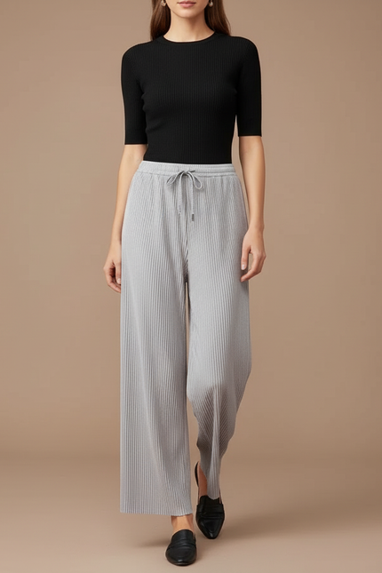 Pantalon À Pince Gris Plissé Ample Fluide Décontracté - Maille