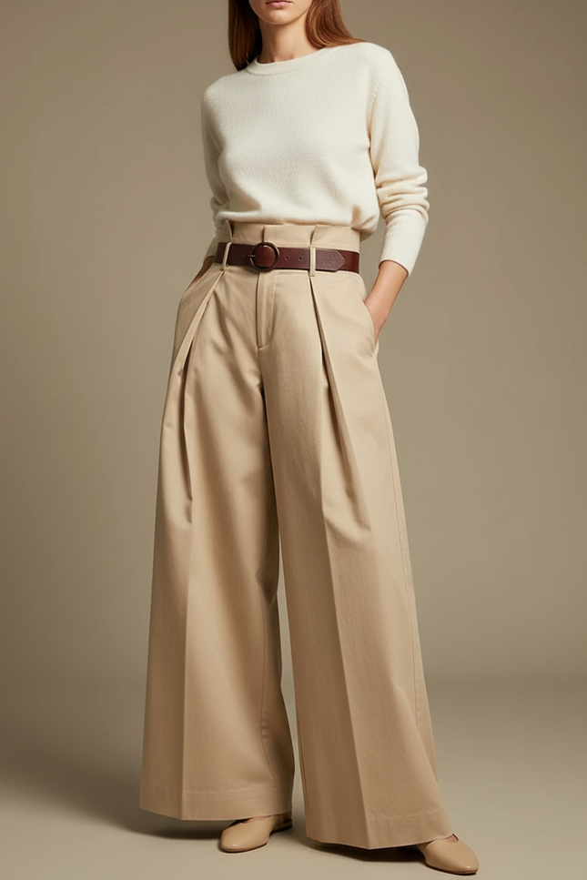 Pantalon À Pince Beige Plissé Ample Décontracté Femme - Gabardine