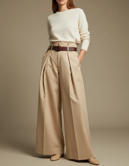 Pantalon À Pince Beige Plissé Ample Décontracté Femme - Gabardine