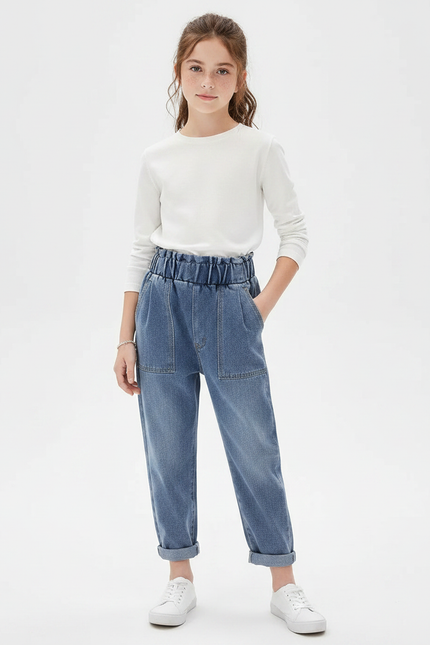 Pantalon À Pince Denim Bleu Ample Décontracté Enfant - Jean