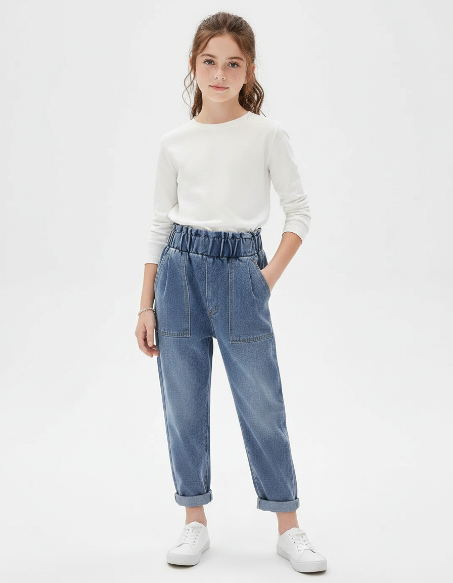 Pantalon À Pince Denim Bleu Ample Décontracté Enfant - Jean