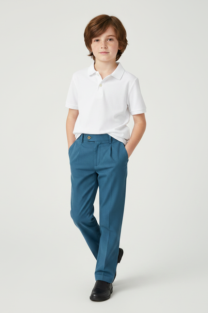 Pantalon À Pince Bleu Canard Plissé Garçon Élégant - Polyester