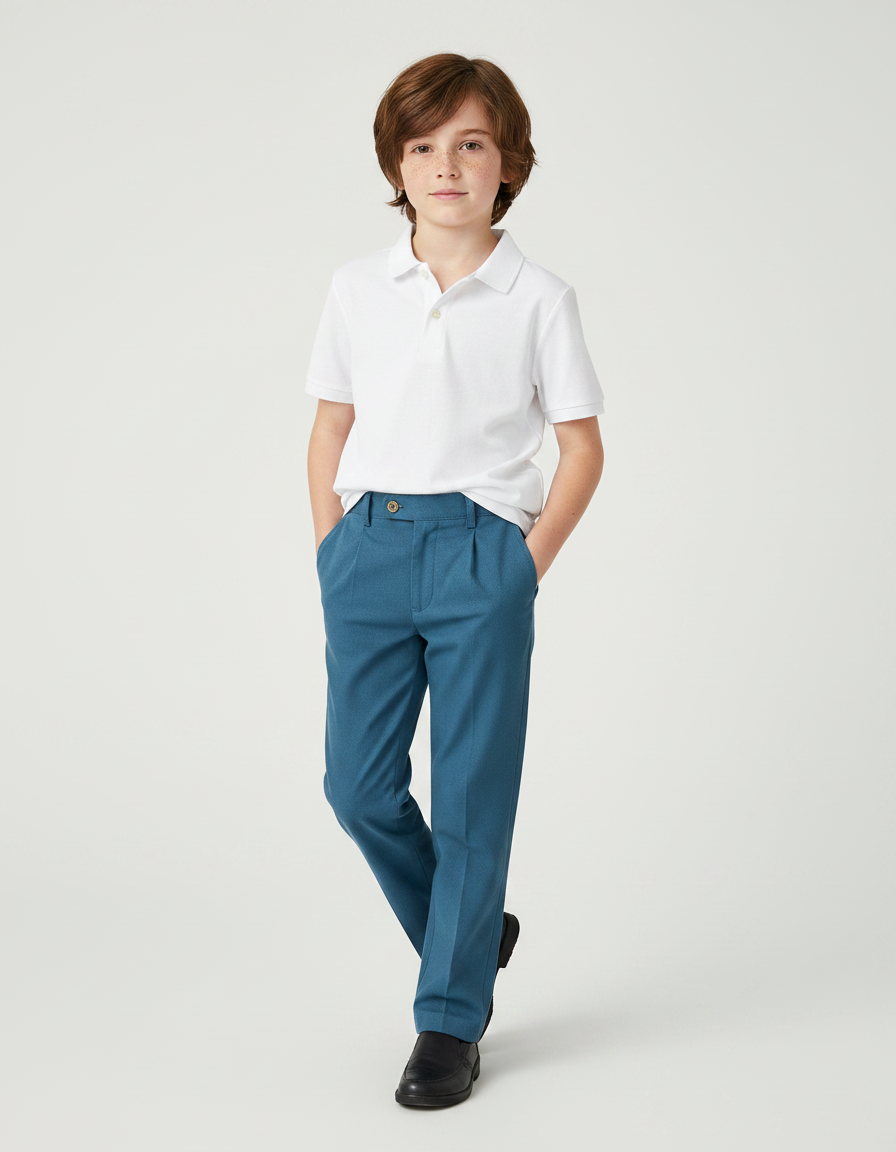 Pantalon À Pince Bleu Canard Plissé Garçon Élégant - Polyester