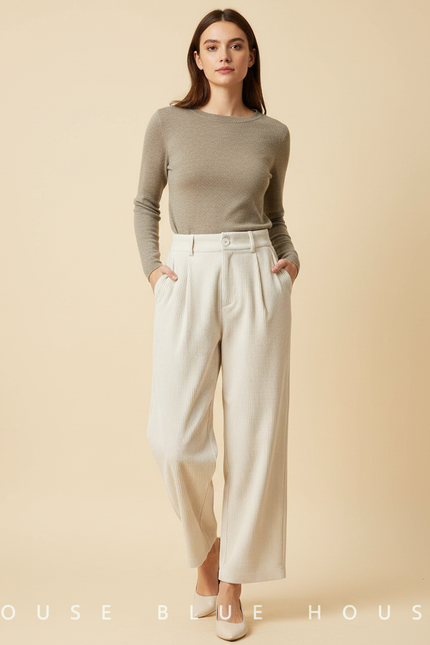 Pantalon À Pince Écru Côtelé Ample Décontracté Fluide - Blanc Cordé
