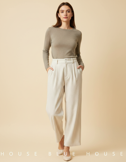 Pantalon À Pince Écru Côtelé Ample Décontracté Fluide - Blanc Cordé