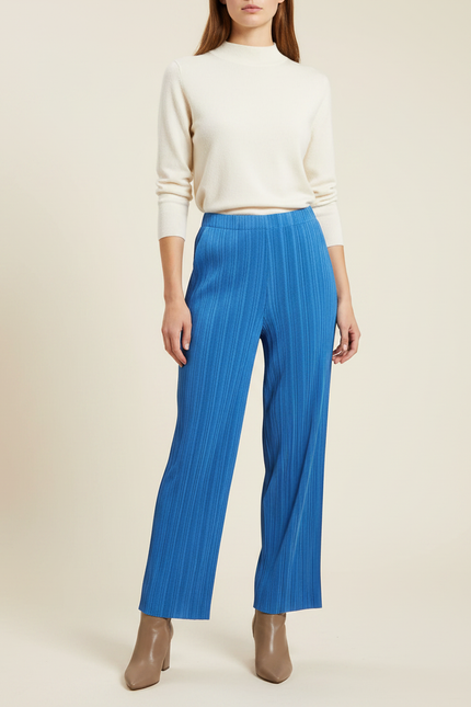 Pantalon À Pince Bleu Plissé Droit Fluide Décontracté - Polyester