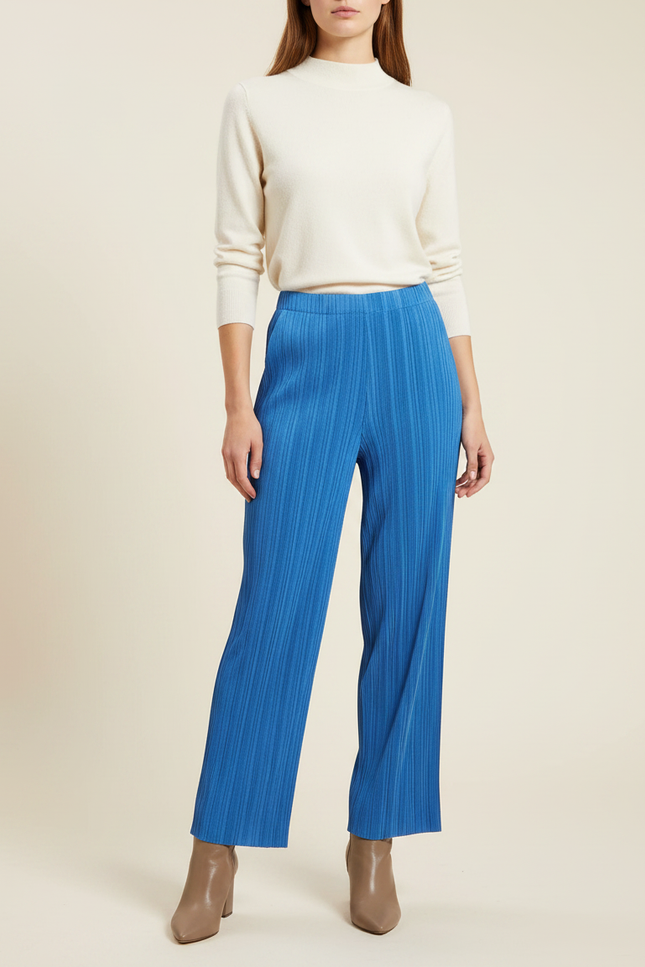 Pantalon À Pince Bleu Plissé Droit Fluide Décontracté - Polyester